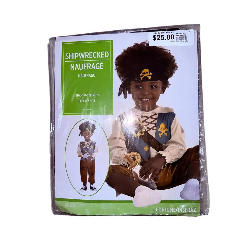 ShipWrecked Pirate 3pc Costume with Sword Infant 0-6 months New Halloween New